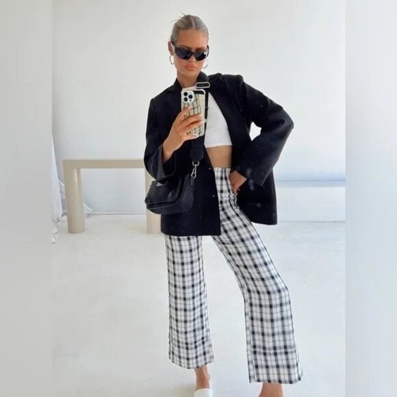 Princess Polly Pants - PRINCESS POLLY Black & Cream Plaid Wide Leg Pants EUC